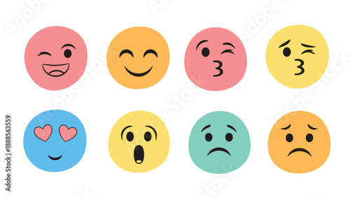 Collection of eight diverse emoji faces in various colors showing expressions of happiness, love, surprise, sadness, and playfulness on white.