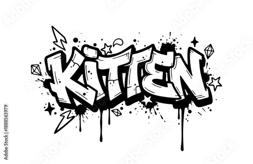Kitten word graffiti street art style with spray paint drips and stars