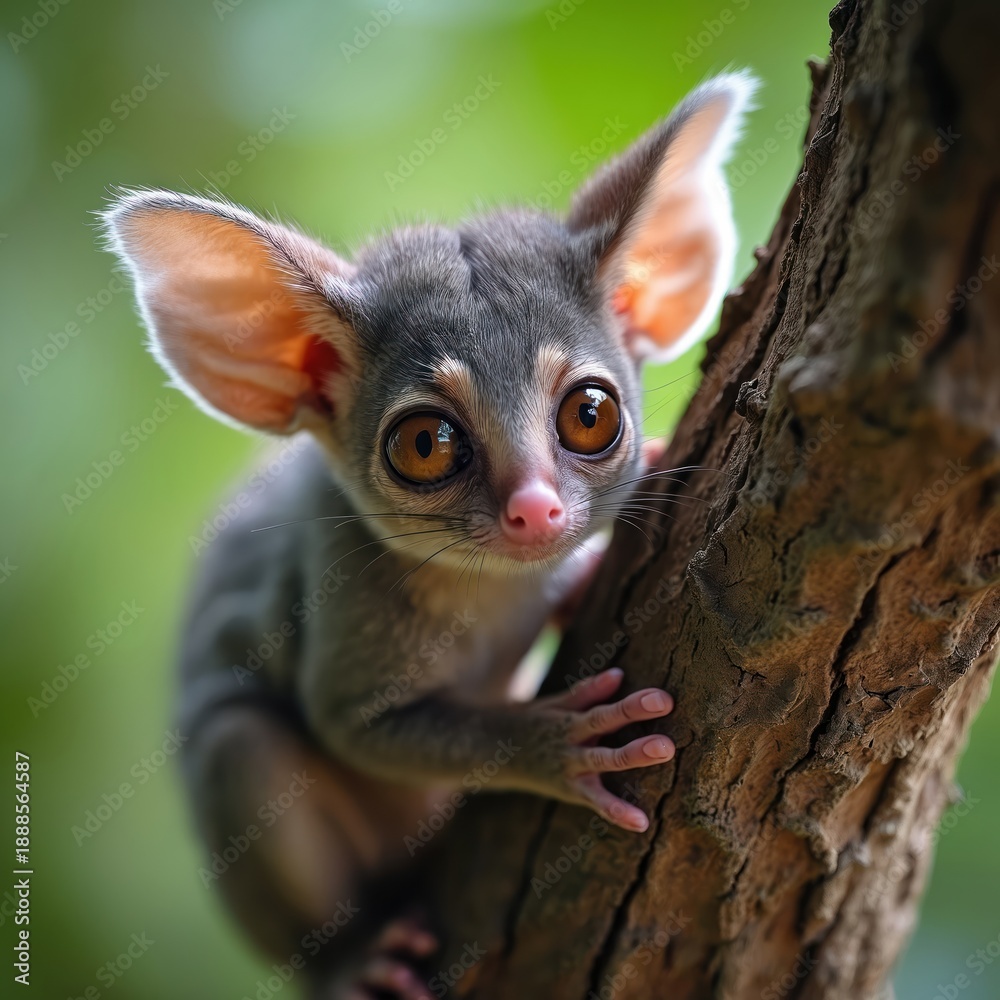 Naklejka premium Small bushbaby clings to tree trunk. Cute primate with big eyes looks alert. Little mammal sits on rough bark in daytime forest environment.