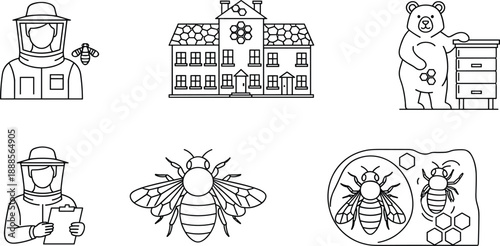 Beekeeping Line Icon Set Featuring Professional Beekeeper Honey Bee Hive Bear With Honeycomb And Apiary Farm Elements For Natural Design