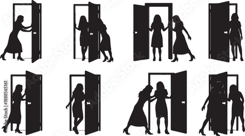 Silhouettes of women opening doors in various poses and positions