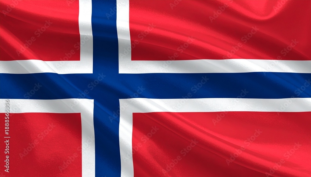 Fototapeta premium National flag of Norway with red field and blue cross outlined in white, shifted toward the hoist. Symbolizes Nordic unity, freedom, and heritage with bold, symmetrical, and iconic design.