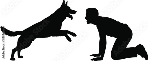 Dynamic black silhouette of a German Shepherd dog jumping towards a person kneeling, emphasizing active play and human-animal interaction