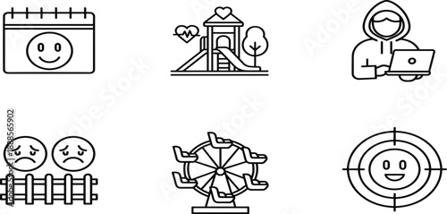 Line icon set featuring mental health tracking calendar, playground recreation, cyber hacker security, emotional sadness barrier, ferris wheel, and targeted happiness.