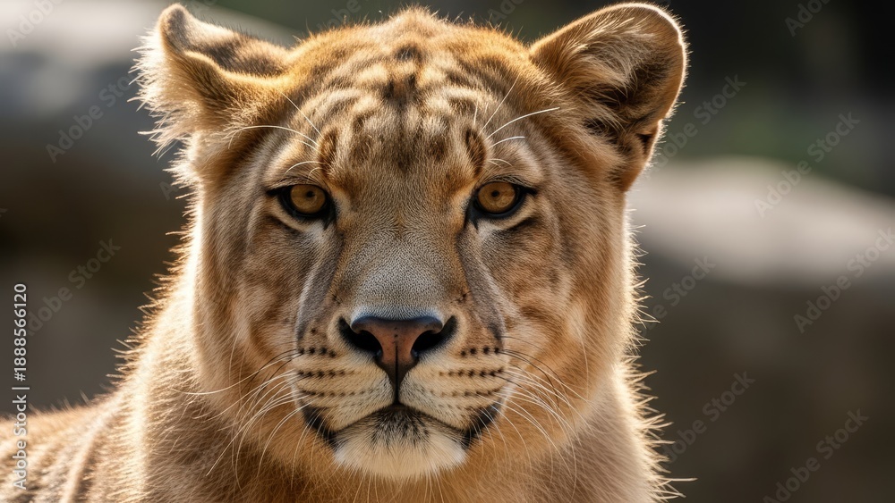 Obraz premium A fierce wild predator feline portrait of a big cat lion with majestic fur and intense eyes captured in a close up nature safari head shot