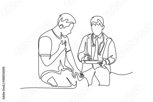 male doctor talking about the illness of a male patient on a hospital bed. Doctor visit and consul concept. Single line draw design. Full length animation illustration. High quality 4k footage