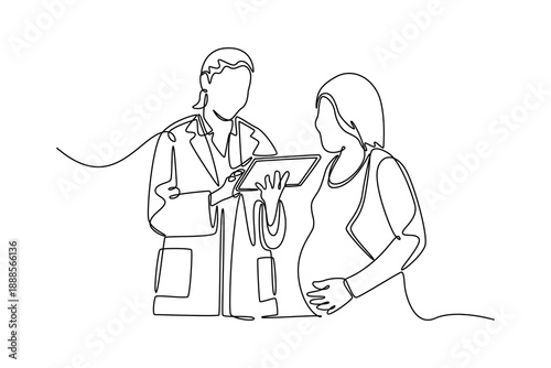 Pregnant mom consultation with doctor. Doctor visit and consul concept. Single line draw design. Full length animation illustration. High quality 4k footage
