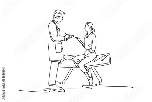 Patient talking to a doctor at a modern clinic. Doctor visit and consul concept. Single line draw design. Full length animation illustration. High quality 4k footage