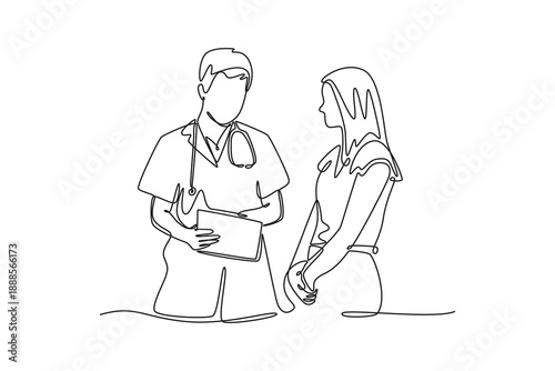 Young male doctor with female patient. Doctor visit and consul concept. Single line draw design. Full length animation illustration. High quality 4k footage