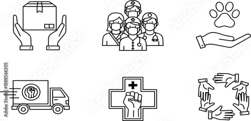 World Blood Donor Day line icon set, featuring medical calendar, blood drop globe, intravenous bag, donor medal, and healthcare charity symbols.