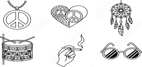 Hippie culture icon set featuring peace sign necklace heart dreamcatcher drum smoking hand and retro round sunglasses in black line art