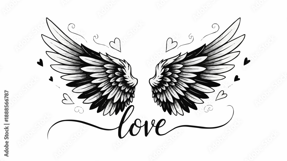 Obraz premium Angel Wings with Love Symbol and Hearts.