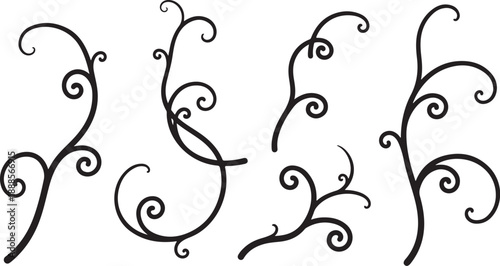 Elegant black swirling vine elements on white background illustration