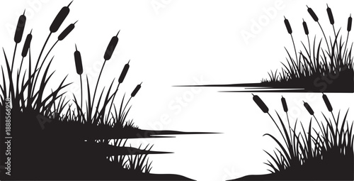 Serene Silhouette of Cattails by a Peaceful Lake Shore