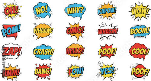 Comic speech bubble vector illustration with colorful exclamations, dynamic sound effects, expressive words, pop art design elements