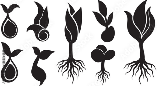 Black and white plant growth icons and silhouettes collection