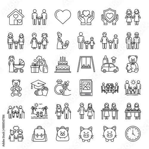 Happy Family Life Cycle and Relationship Line Icon Set