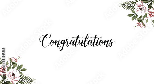 Congratulations card with pink roses and green leaves, elegant cursive text, floral corner decorations, celebratory vector illustration