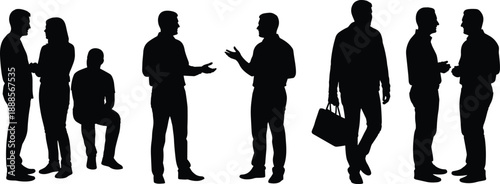 Business Men Silhouettes Talking and Standing in Groups