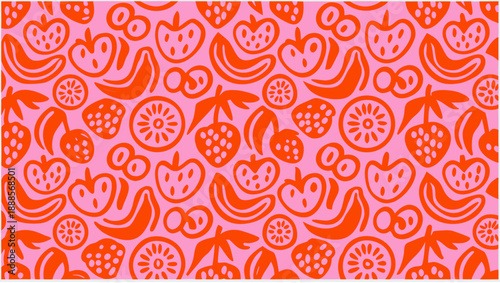 Vibrant pink fruit pattern with juicy apples and bananas