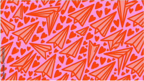 Vibrant paper planes and hearts on pink background