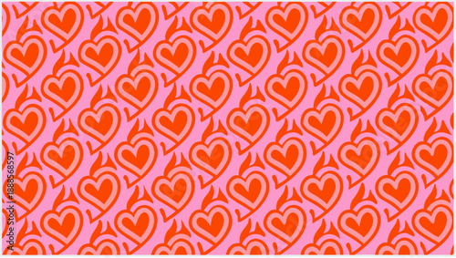Vibrant pink background with repeating pattern of cute orange hearts