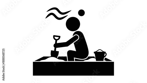 Child playing in sandbox with shovel and bucket icon.