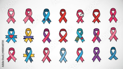 Colorful awareness ribbons for various causes on white background