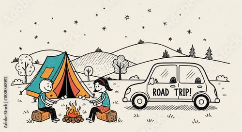 Children camping by a campfire next to a car on a road trip adventure.