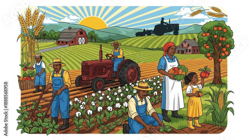 Farmers harvesting crops in a lush green field at sunrise with a tractor and barn in the background