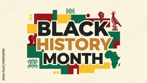 Black history month celebration graphic with colorful african patterns and symbols on beige background