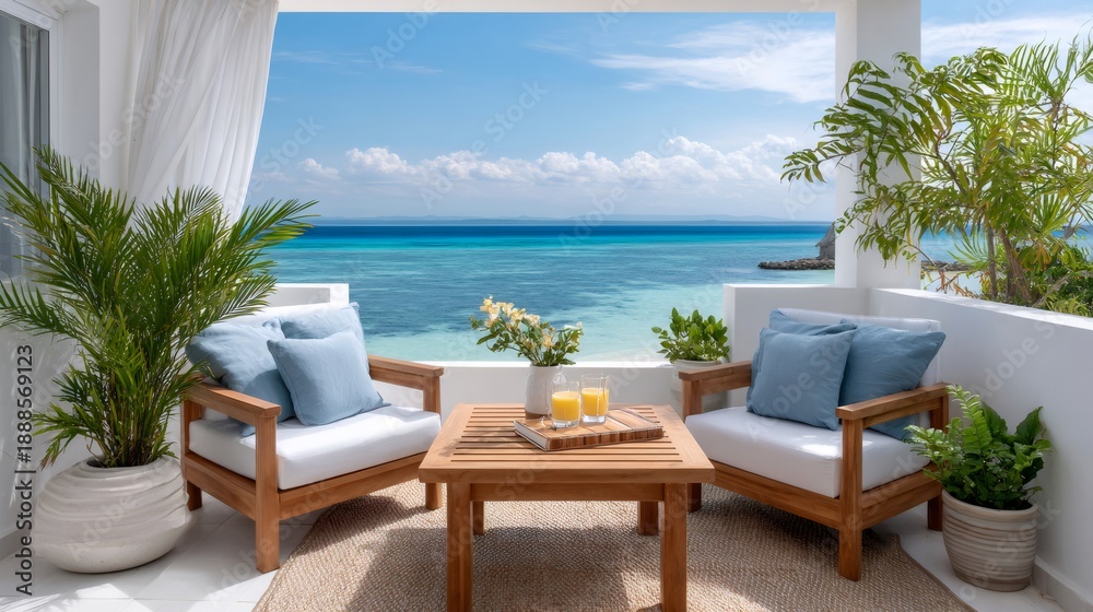 Fototapeta premium Tropical resort balcony overlooking vibrant turquoise ocean