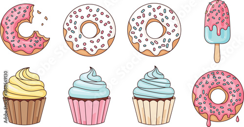 Cute pastel dessert set with donuts cupcakes and ice cream popsicle in playful hand drawn flat illustration style