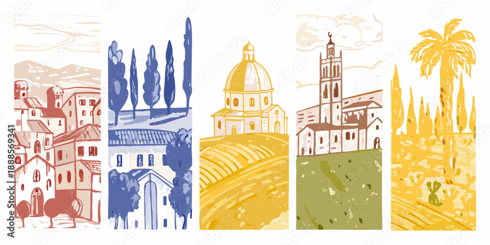 Fototapeta premium Illustrative travel poster featuring iconic landmarks of italy