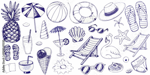 A collection of hand drawn summer themed items and beach accessories