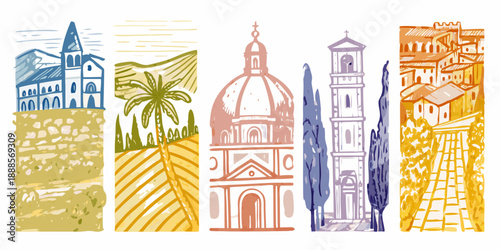 Illustrative vertical panels depicting european and mediterranean architectural scenes