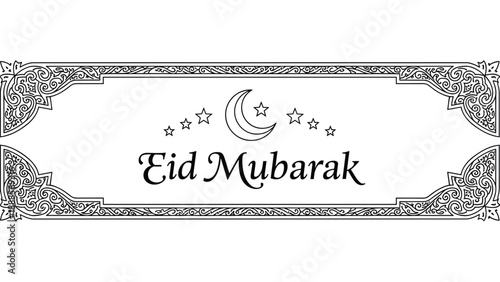 Elegant Eid Mubarak banner with intricate ornamental borders featuring a crescent moon and stars conveying warm wishes for a blessed and joyous Islamic festival celebration, Generative AI.