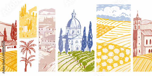 Italian landscapes a vertical illustration featuring architecture and countryside scenes
