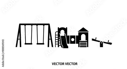 Childrens playground equipment silhouette with swings and slide.