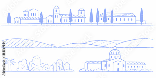Stylized blue line drawing of tuscan countryside with buildings and rolling hills