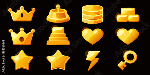 Golden icons depicting crowns coins hearts stars and other game elements
