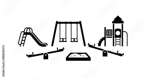 Childrens playground equipment silhouette with swings slide and sandbox.