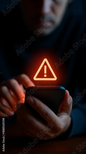 Cyber Security Warning Alert Icon on Mobile Phone Screen Held by Man, Concept of Phishing Scam and Data Protection Risk on Smartphone