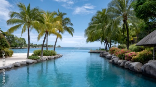 Tropical lagoon connecting a resort to the ocean in Mauritius