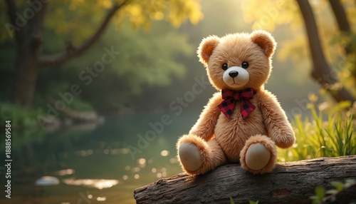 Cute teddy bear with plaid bow sits on log by tranquil lake. Warm sunlight filters through trees. Peaceful nature setting, soft focus background. Idyllic outdoor scene.