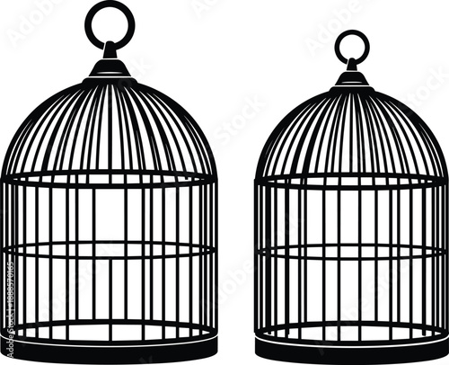 Minimalist black birdcage silhouette illustration featuring two empty vintage cages isolated on white background, decorative wildlife symbol, freedom concept, vector design for creative projects