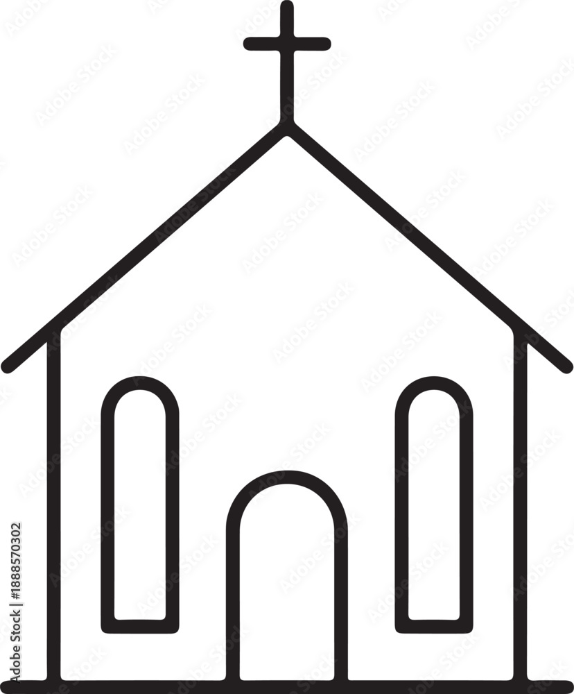 Fototapeta premium Church Building Outline Silhouette Minimal Christian Line Art Icon