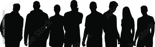 A diverse group of eight people stand together in black silhouettes on a clean white background