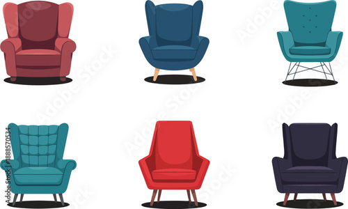 A diverse selection of six comfortable armchairs in different colors and designs appears on white