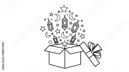 Explosion of Eid Symbols from an Open Gift Box: Lanterns Moons and Stars Symbolizing the Joyful Surprises and Blessings of the Eid Celebration, Generative AI.